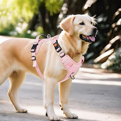 Timos Dog Harness Medium Sized, No Pull Pet Harness with Neck Lockable Snap,No Choke Front Clip Dog Reflective Vest,Adjustable Metal Rings 3 Buckles,Easy Control Handle for Medium Dogs Pink M