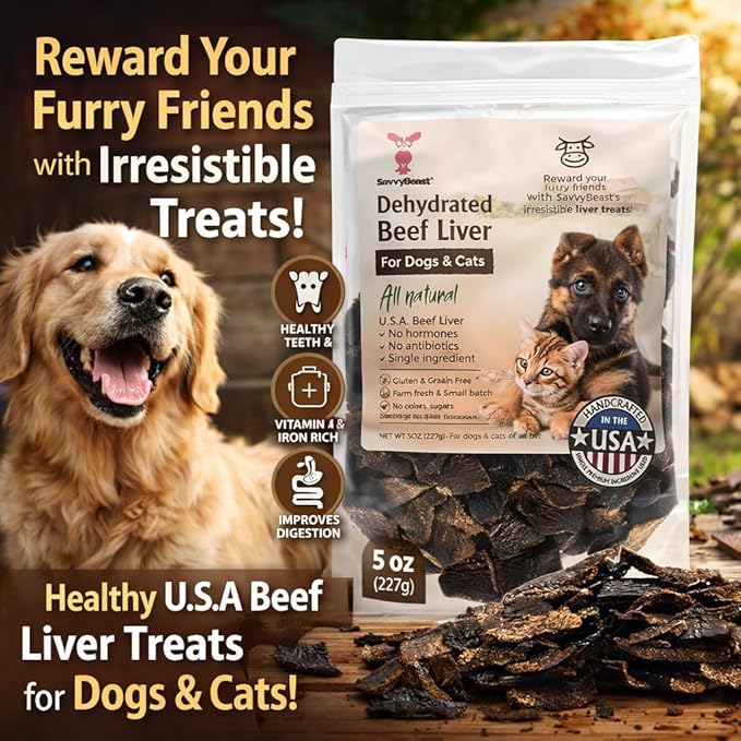 SavvyBeast Dehydrated Beef Liver Dog Treats – Gently Air Dried Raw Organ Meat – Healthy, All-Natural, Single Ingredient, Grain-Free Dry Jerky – Training Treats for Dogs & Cats – Made in USA – 5 oz
