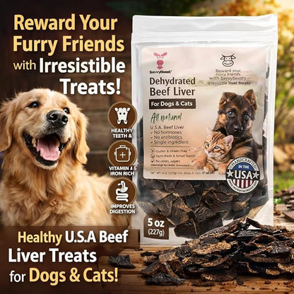 SavvyBeast Dehydrated Beef Liver Dog Treats – Gently Air Dried Raw Organ Meat – Healthy, All-Natural, Single Ingredient, Grain-Free Dry Jerky – Training Treats for Dogs & Cats – Made in USA – 5 oz