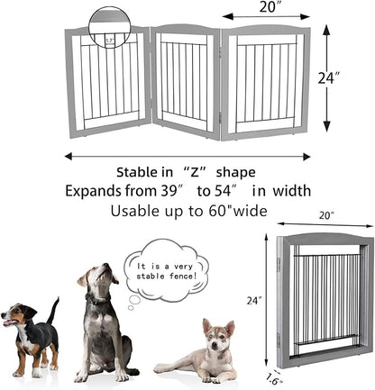 ZJSF Freestanding Foldable Dog Gate for House Extra Wide Wooden Grey Puppy Gate Stairs Dog Gates Doorways Tall Pet Gate 24" Height 3 Panels Pet Fence
