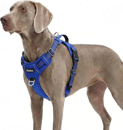 Funfox Dog Harness No Pull, Adjustable Pet Vest Harness, Super Soft Material with Vertical Handle Easy Control, Reflective Night Walking, 2 Leash Clips for XLarge Dogs, Blue, XL