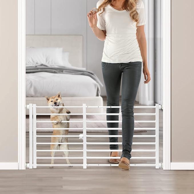 Malier Indoor Dog Gate with Door, 26-41" Extra Wide Full Metal Pet Gate Short Dog Gate for Stairs, Pressure Mount 20'' Tall Small Puppy Gate, Easy Step Over Low Gate for Doorways