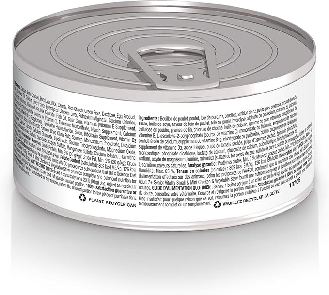 Hill's Science Diet Adult 7+ Senior Vitality Small & Mini Wet Dog Food, Chicken & Vegetable Stew, 5.5 oz. Cans, 24-Pack