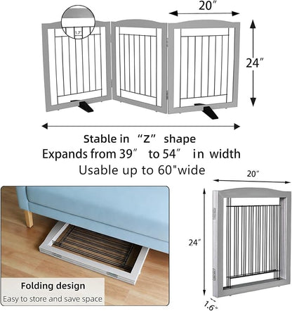 ZJSF Freestanding Dog Fence Indoor, Foldable Dog Gate for Doorways, Stairs or Hallways, Sturdy Wood Extra Wide Pet Gate with Support Feet for The House, Grey, 24 "Height-3 Panels