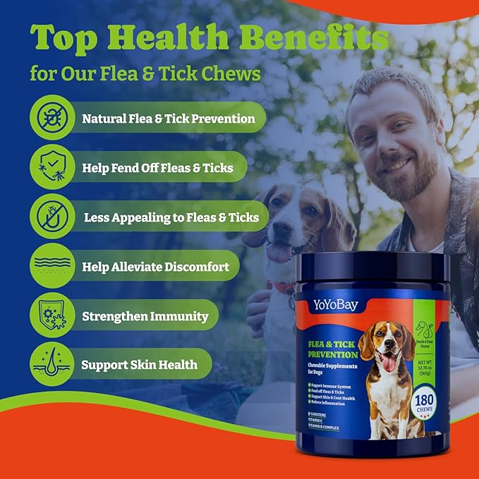 Flea and Tick Prevention for Dogs Chewable - 180 Soft Chews, Duck & Pear Flavor - Dog Flea and Tick Treatment Chewable, Natural Defense- Dog Immune Support Supplement