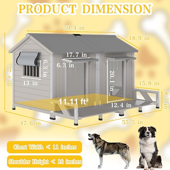 PetsCosset 59.4" L Large Dog House Outdoor & Indoor,Fir Wood Dog Kennel with Weatherproof Openable Asphalt Roof,Spacious Doghouse with Anti-Chewing Metal Edges for Small & Medium & Large Dogs,Grey