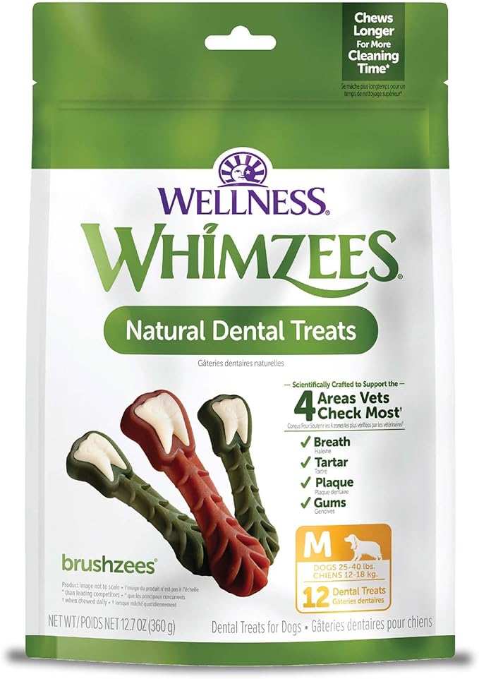 Whimzees Wellness Brushzees Dog Dental Treat, VOHC Accepted Chews, Freshens Breath, Medium Size, 12.7 oz Bag, 12 Count