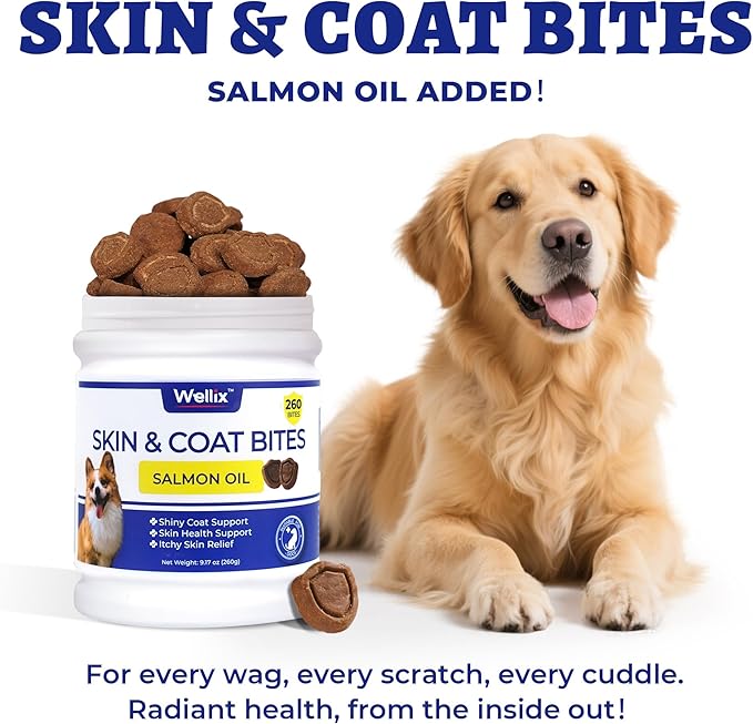 260 Bites Wellix Dog Skin and Coat Supplement - Affordable, Long-Lasting Omega 3 Fish Oil for Dogs - Supports Skin & Coat, Itching Relief & Anti-Shedding Tasty Dog Allergy Chews