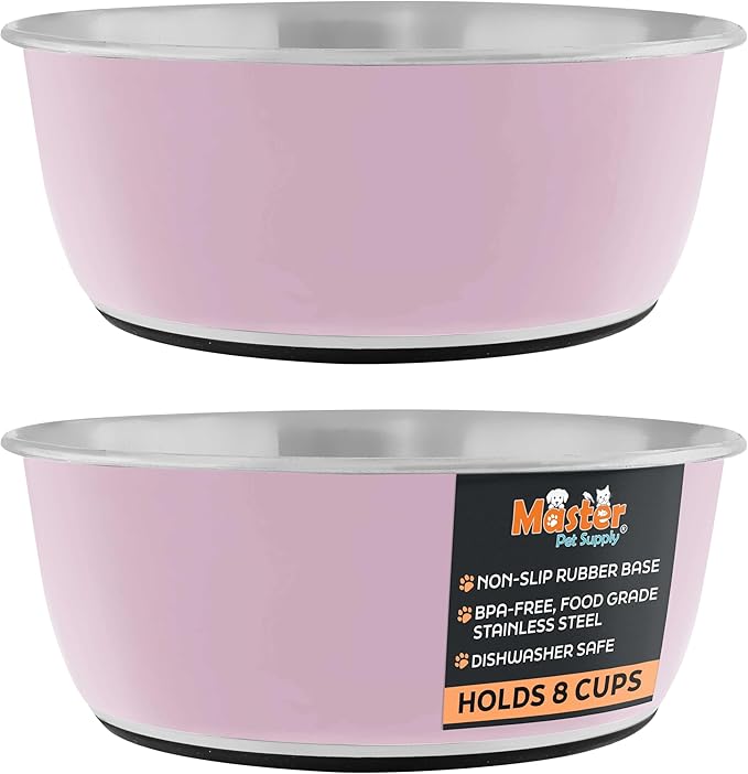 Master Pet Supply Stainless Steel Dog Bowls Set of 2 (64 Oz Each) with Non-Slip Rubber Base - Rose Quartz - Basic Dog Food Bowl Water & Food Bowls for Small Medium Large Dogs & Cats, Metal Dish