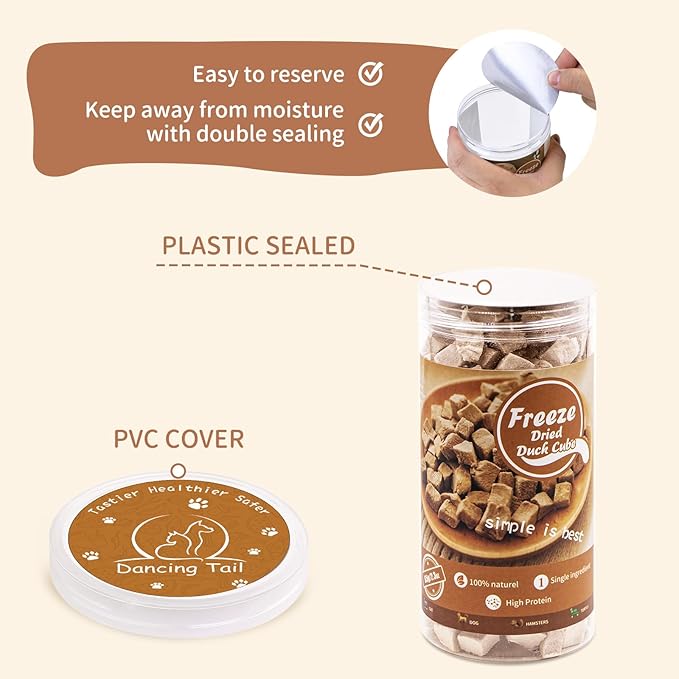 Dancing Tail Freeze Dried Raw Cat and Dog Treats, Healthy Limited Ingredient Duck Cube Weight Control Traing Treats for Small Dogs Cats (Duck)