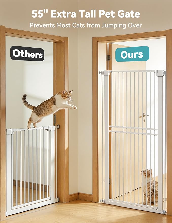 No Pawblems 55" Extra Tall Pet Gate for Cat/Dog, 31.5-48" Wide Auto Close Tall Cat Gate with 25.6" Wide Walk-Thru Door Opening, 1.37" Ultra Narrow Spacing, NO Drilling Pressure Mounted, White