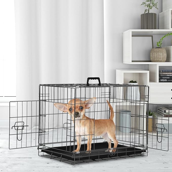 Wire Dog Crate 24 Inch Dog Kennel Cage, Double Door Folding Dog Cage, Wire Dog Kennel with Removable Tray, Indoor&Outdoor,Black