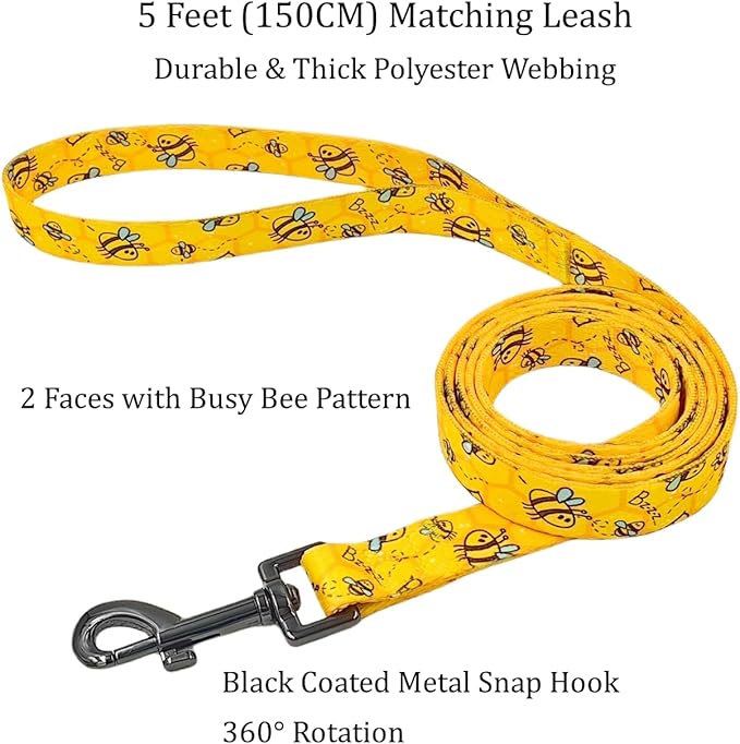 Dog Collar Leash Set, Busy Bee Pattern, 5ft Matching Leash, Polyester Material, 4 for Small Medium Large Dogs.(L, Bee)