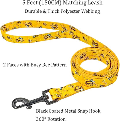 Dog Collar Leash Set, Busy Bee Pattern, 5ft Matching Leash, Polyester Material, 4 for Small Medium Large Dogs.(L, Bee)