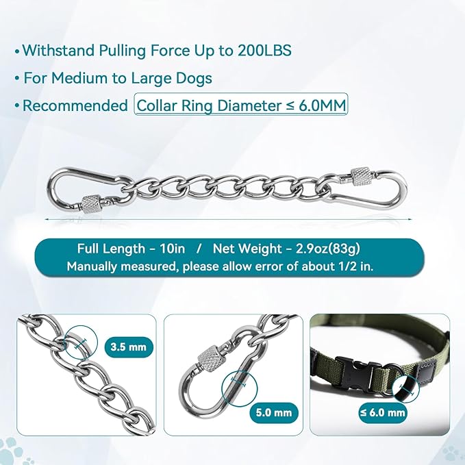 Dog Collar Safety Clip, Chew Proof Prong Collar Double Ended Backup Clasp Stainless Steel, Heavy Duty Dog Chain Leash Connector for Harness, Pinch, Gentle Lead with Carabiner, 10in