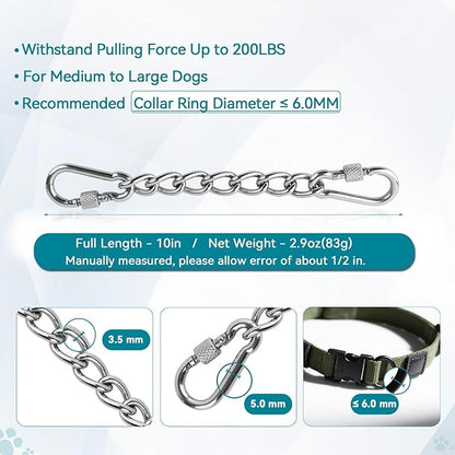 Dog Collar Safety Clip, Chew Proof Prong Collar Double Ended Backup Clasp Stainless Steel, Heavy Duty Dog Chain Leash Connector for Harness, Pinch, Gentle Lead with Carabiner, 10in