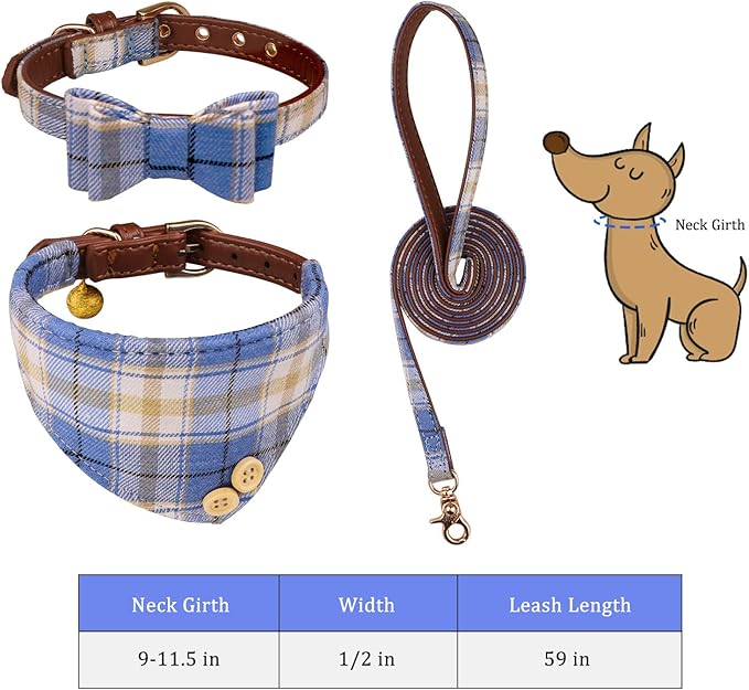3 PCS Puppy Collar and Leash Set Dog Collars for Small Dogs Dog Bow Tie with Bell Puppy Bandana Leather Dog Collar for Small Dogs Puppies and Cats(Blue)