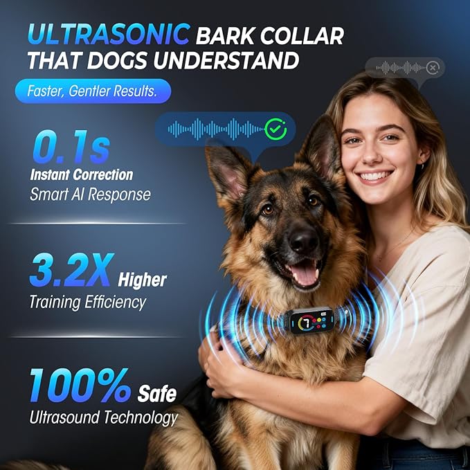 Ultrasonic Bark Collar for Large Medium Small Dogs, Humane Fast & Gentle Anti Bark Collar with Beep & Vibration, Smart Barking Collar with 7 Adjustable Sensitivity Levels,Black