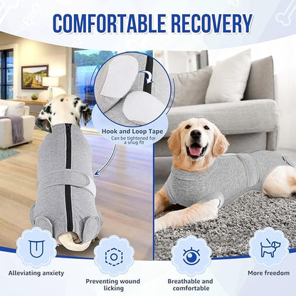 Lukovee Recovery Suit for Dogs, Zipper On Recovery Suit for Female Male Dog, Onesie Abdominal Wounds Cone E-Collar Alternative Prevent Licking Spay Recovery Suit (Large, Gy)