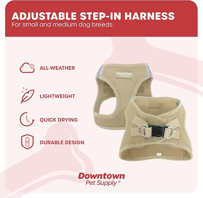 Downtown Pet Supply Step in Dog Harness for Small Dogs No Pull, X-Small, Khaki - Adjustable Harness with Padded Mesh Fabric and Reflective Trim - Buckle Strap Harness for Dogs