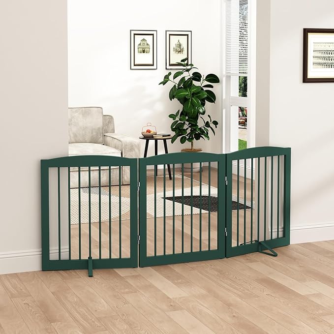 PUPETPO Freestanding Pet Gate for Dogs, Foldable Wooden Dog Gate for House, Indoor Dog Gate for Doorways, Stairs, Step Over Pet Puppy Safety Fence, Support Feet Included,24" Height 3 Panels,Green