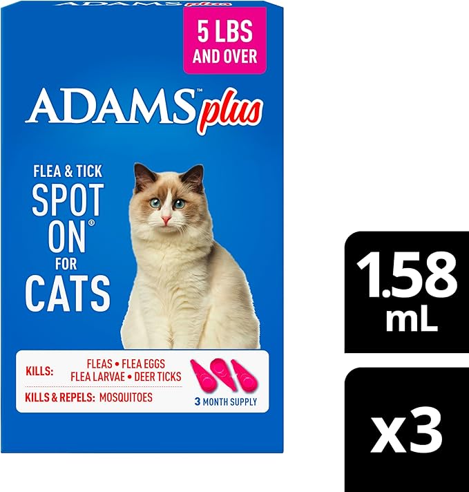 ADAMS Plus Flea and Tick Prevention Spot On for Cats, Kills Fleas & Ticks (Brown Dog/Deer Ticks), Kills and Repels Mosquitoes, Prevents Flea Infestations, 3-Month Supply, 3 Pack