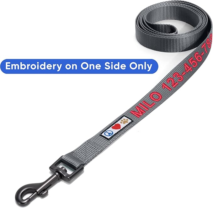 Pawtitas Personalized 6 ft Grey Dog Leash M/L Custom Name and Phone Embroidery Strong Nylon Leash for Medium and Large Breeds