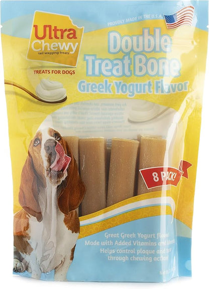 Ultra Chewy Double Treat Bones: Long-Lasting Dog Treats Made in USA for Large and Small Breeds, Highly Digestible, Ideal for Aggressive Chewers (Greek Yogurt, 2 Value Packs)