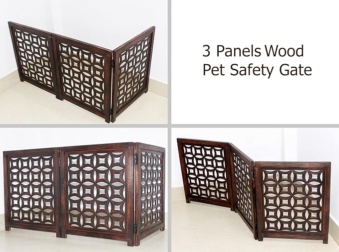 Wooden Foldable Pet Dog Safety Gate -3 Panels 20"Wx24"H- Hand Carved Solid Wood And MDF - Free Standing Portable Indoor Doorway Hall Stairs Dog Puppy Fence - Fully Assembled - Antique Brown -IRONGATE