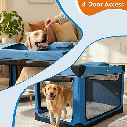 Ownpets Collapsible Dog Crate, 42 inch Portable Travel Dog Crate for Large Dogs, 4-Door Foldable Pet Kennel with Durable Mesh Windows & Soft Mat, Blue