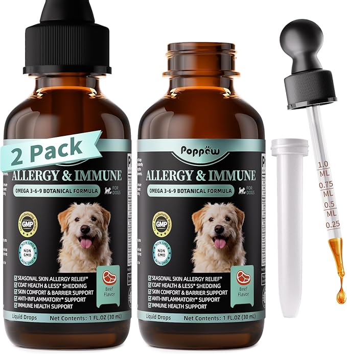 Allergy & Immune Supplement for Dogs - Omega 3-6-9 Liquid Drops for Seasonal Allergy Support, Skin Itch Relief, Less Shedding, Coat Health - with Biotin, Turmeric - Beef Flavor - 2 FL.OZ