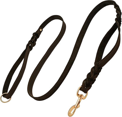 ADITYNA - Double Handle Leather Dog Leash 6ft - Heavy Duty Braided Dog Leash with Traffic Handle - Lead for Training and Walking Medium Large Breeds (Black, Two Handles 6 Foot x 5/8")