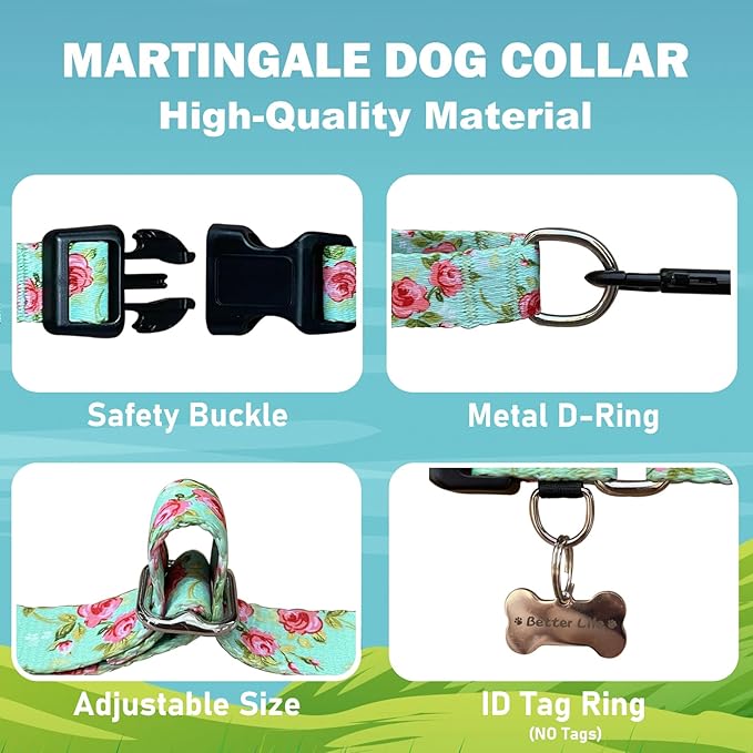 No Pull Martingale Dog Collar with Buckle Floral Slip Collar for Female Dogs (Green Rose,Large)