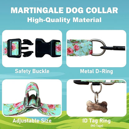 No Pull Martingale Dog Collar with Buckle Floral Slip Collar for Female Dogs (Green Rose,Large)