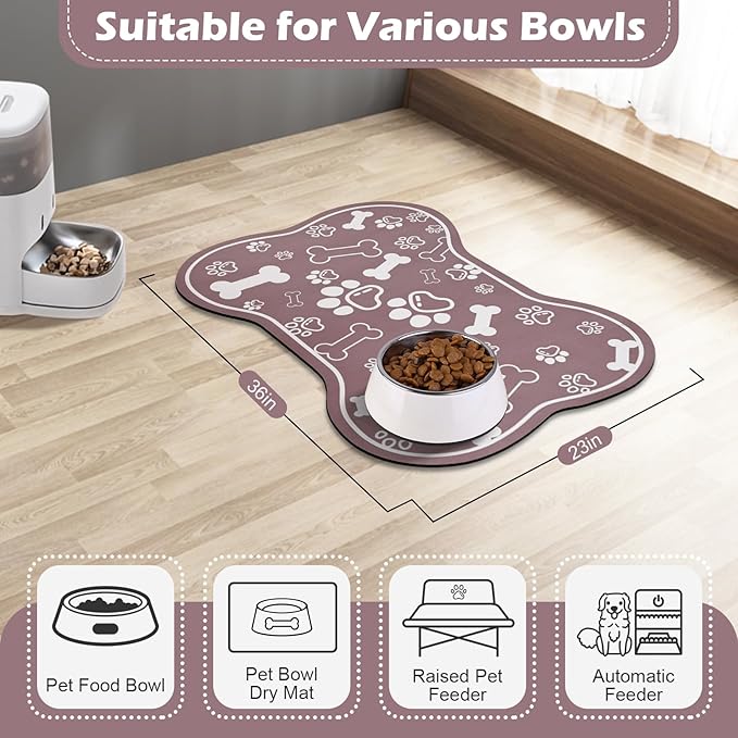 Dog Cat Mat for Food and Water,Rapid Absorbent Pet Feeding Mat, Bone Shaped Dog Placemat Bowl Mat with Rubber Backing,No Stains Pet Food Mats Indoor, Pet Accessories Supplies,Brown 23"×36"