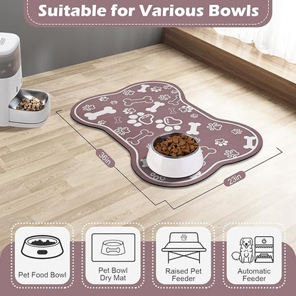 Dog Cat Mat for Food and Water,Rapid Absorbent Pet Feeding Mat, Bone Shaped Dog Placemat Bowl Mat with Rubber Backing,No Stains Pet Food Mats Indoor, Pet Accessories Supplies,Brown 23"×36"
