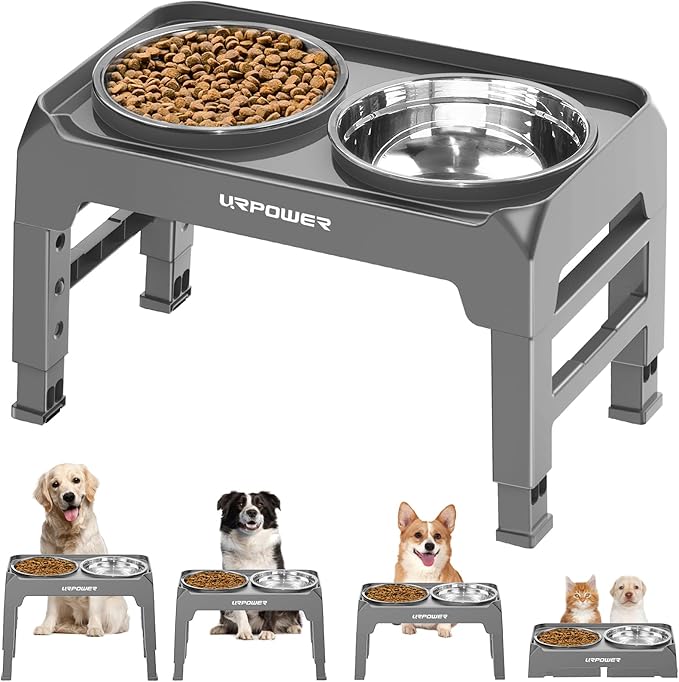 URPOWER Raised Dog Bowls 4 Height Adjustable Elevated Bowl Stand with Stainless Steel Water Bowl Non-Slip Dog Food Bowls Stand for Small Medium Large Dogs and Pets