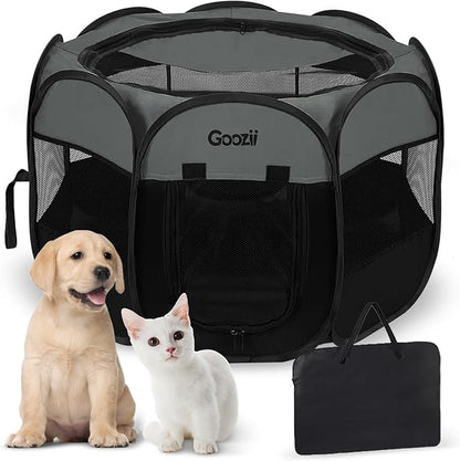 Goozii Portable Dog Playpen for Medium Dogs, Collapsible Pet Cat Kitten Puppy Playpen Indoors Outdoors with Zipper Top Cover (Medium Size, Grey-Black)