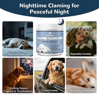 Melatonin for Dogs, Calming Chews for Dogs for Sleep, Fireworks, Storms, Thunder, Barking, Separation, Dog Calming Chews with Valerian Root & L-Theanine, 200 Count