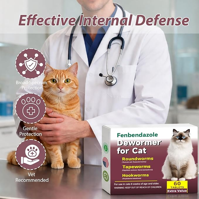 Dewormer for Cats,Cat Wormer Fenbendazole Tablets for Tapeworms, Roundworms & Hookworms,60 Count