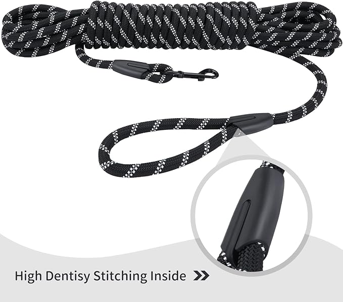 Long Dog Leash for Training 30Ft-Reflective Nylon Rope with Swivel Hook-Recall Agility Lead for Large Small Medium Dogs Outside Walking Hiking-Black Diam 1/2"