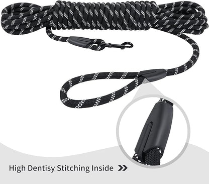 Long Dog Leash for Training 30Ft-Reflective Nylon Rope with Swivel Hook-Recall Agility Lead for Large Small Medium Dogs Outside Walking Hiking-Black