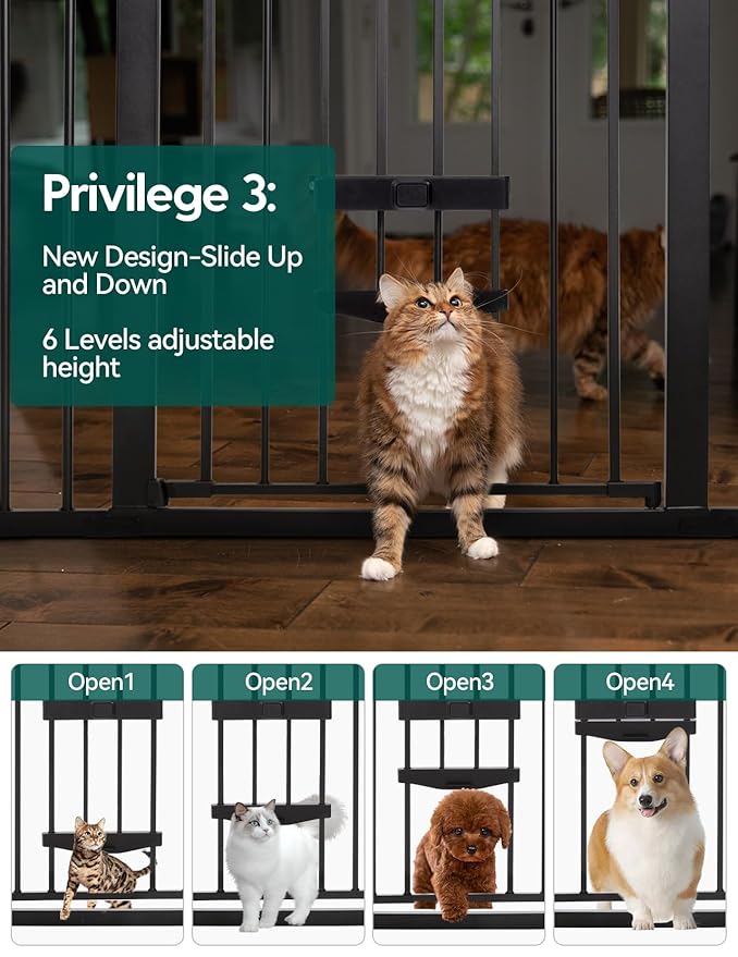 Babelio 36 Inch Extra Tall Baby Gate with Cat Door, 29-48" Auto Close Pet Door for Stairs, Doorways and House, with Wall Cups, Black