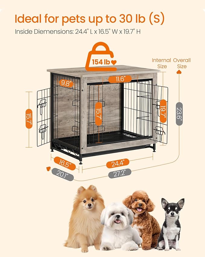 Feandrea 27.2" Dog Crate Furniture, Indoor Dog Cage Side End Table, M Pet Wood Kennel for Medium and Small Dogs up to 30 lb with Multi-Purpose Removable Tray, Double-Door Pet House, Greige
