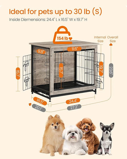 Feandrea 27.2" Dog Crate Furniture, Indoor Dog Cage Side End Table, M Pet Wood Kennel for Medium and Small Dogs up to 30 lb with Multi-Purpose Removable Tray, Double-Door Pet House, Greige
