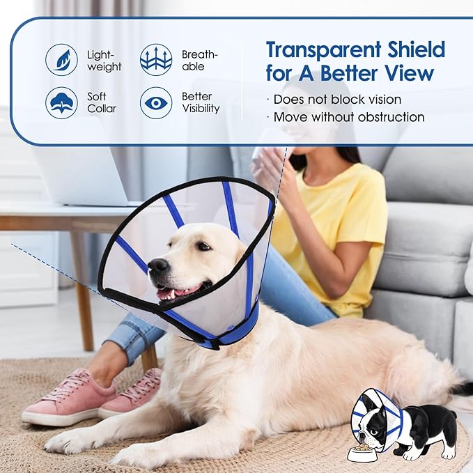 SUNFURA Dog Cone, Soft Dog Cones for Large Breeds After Surgery, Comfortable Pet Recovery Collar to Stop Licking, Adjustable E-Collar Alternative for Wound Healing, Blue L