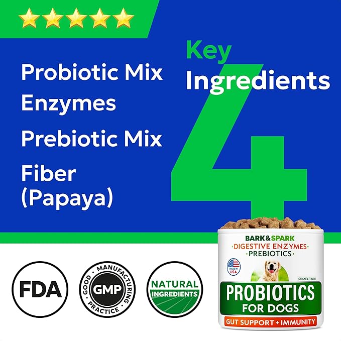 BARK&SPARK Probiotics for Dogs Digestive Health w/Enzymes - Diarrhea Gas Treatment Upset Stomach Relief - Allergy & Itchy Skin - Pet Dogs Probiotics - Digestion Supplement Treat (120Ct Chicken)