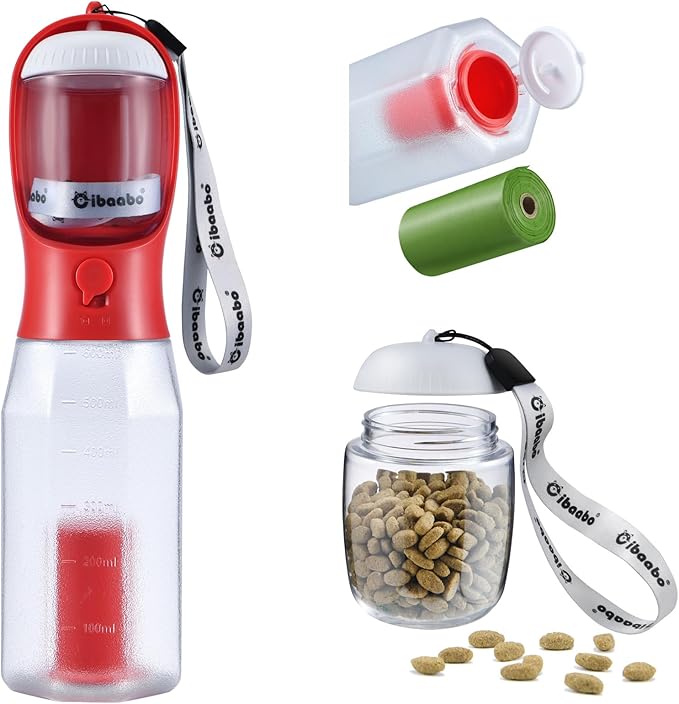 Cibaabo Dog Water Bottle with Food Container & Poop Bag Holder, Travel Water Bowl, Portable Pet Dispenser, Dog Gifts Stuff Accessories Items, Puppy Essentials for Yorkie Chihuahua Walking Hiking