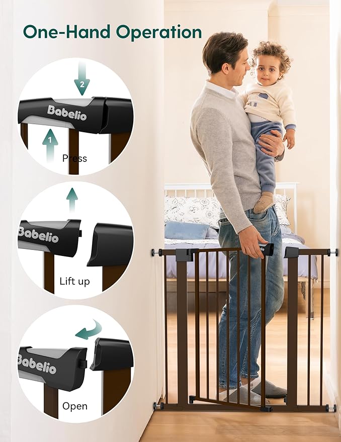 Babelio Metal Baby Gate, 29-48" Auto Close Easy Install Pet Gate, Extra Wide Walk Thru Child Safety Gate, Pressure Mounted Dog Gate for Doorways and Stairs, with Y Spindle Rods, Brown