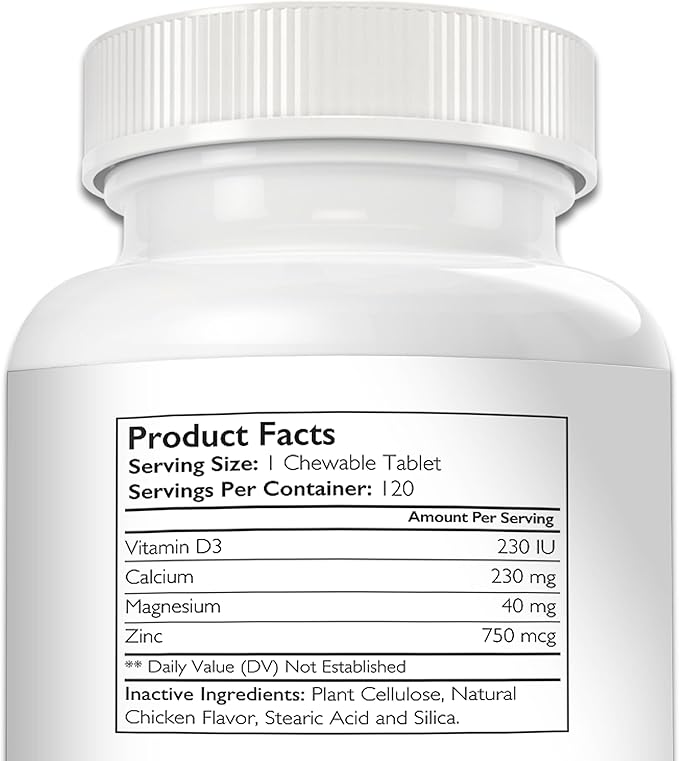 Vitamin D for Dogs with Calcium, Magnesium and Zinc to Support Strong Teeth, Bones and Muscles, Promote Mineral Metabolism and a Healthy Immune Function, 120 Chewable Tablets